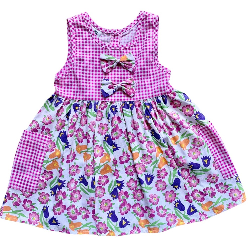 Vintage Cuties By Judy Sleeveless Floral Gingham Print Dress w/ Pockets